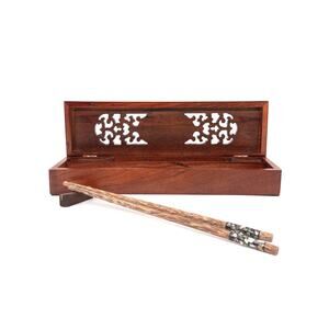 Vietnamese Wooden Chopsticks Set for 8 with Carved Wood Box Made in Vietnam